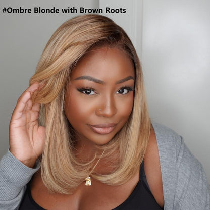 Unice Glueless Piano Highlights Brown Straight Bob Wig with Dark Roots Pre Cut 7X5/13X4 HD Lace Front Human Hair Wigs with Invisible Knots Ready and Go Short Bob Wig for Women Beginners Friendly