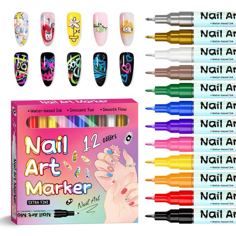 12 Color Nail Art Pens, 0.5 MM Nail Polish Pens Set Drawing Painting Point Liner Acrylic Painted Pen Kit, Waterproof and Quick-Drying Nail for DIY Nails Art Design Manicure Tools