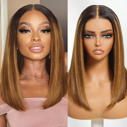 Unice Glueless Piano Highlights Brown Straight Bob Wig with Dark Roots Pre Cut 7X5/13X4 HD Lace Front Human Hair Wigs with Invisible Knots Ready and Go Short Bob Wig for Women Beginners Friendly